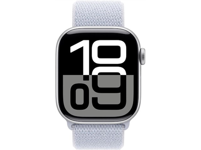 Apple watch series 10 wifi 42mm zilveren aluminium case met blauw cloud geweven sportbandje - afbeelding 1 van  2