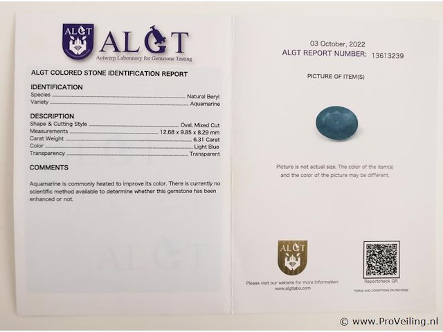 Aquamarine 6.31ct algt certified - afbeelding 4 van  4