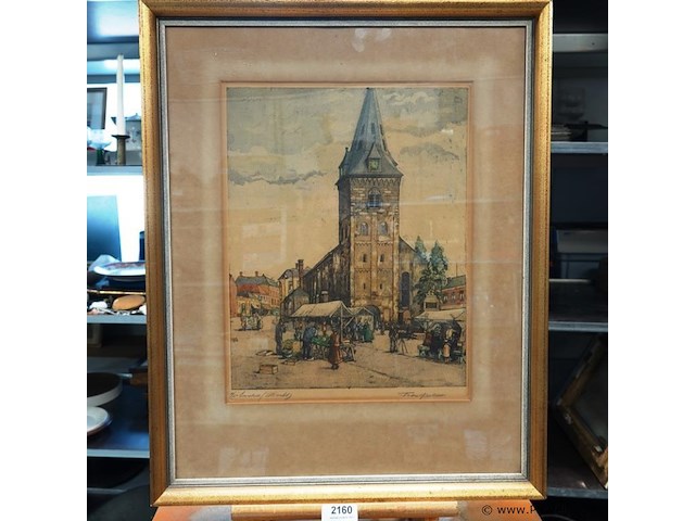 Aquarel getiteld "marktplein te enschede", gemaakt door de nederlandse kunstenaar frans hartman (1904-1975) - afbeelding 1 van  5