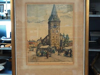 Aquarel getiteld "marktplein te enschede", gemaakt door de nederlandse kunstenaar frans hartman (1904-1975) - afbeelding 1 van  5