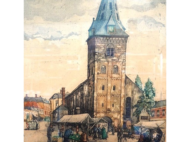 Aquarel getiteld "marktplein te enschede", gemaakt door de nederlandse kunstenaar frans hartman (1904-1975) - afbeelding 2 van  5
