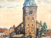 Aquarel getiteld "marktplein te enschede", gemaakt door de nederlandse kunstenaar frans hartman (1904-1975) - afbeelding 2 van  5