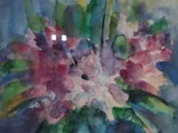 Aquarel, maya wildevuur, rodondendrons, 1990