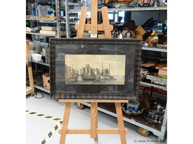 Aquarel met nederlands stadsgezicht met schepen aan water. gesigneerd - afbeelding 1 van  5