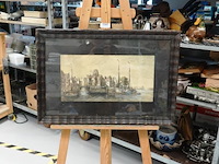 Aquarel met nederlands stadsgezicht met schepen aan water. gesigneerd - afbeelding 1 van  5