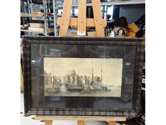 Aquarel met nederlands stadsgezicht met schepen aan water. gesigneerd - afbeelding 2 van  5