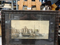 Aquarel met nederlands stadsgezicht met schepen aan water. gesigneerd - afbeelding 2 van  5
