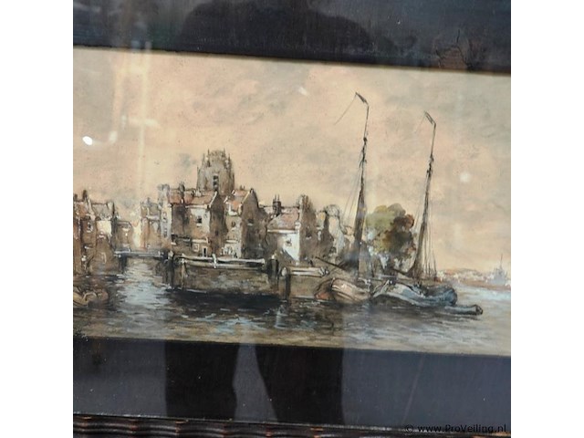 Aquarel met nederlands stadsgezicht met schepen aan water. gesigneerd - afbeelding 3 van  5