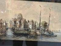 Aquarel met nederlands stadsgezicht met schepen aan water. gesigneerd - afbeelding 3 van  5