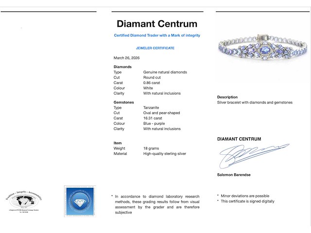 Armband volledig gezet met blauwe tanzanieten en natuurlijke diamanten - afbeelding 2 van  5