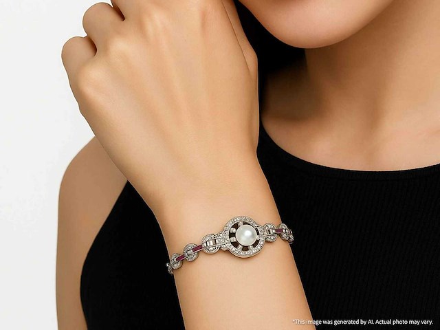 Art deco armband in goud en platina met natuurlijke diamanten en robijnen - afbeelding 2 van  8