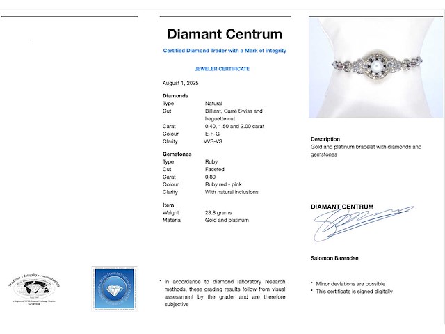 Art deco armband in goud en platina met natuurlijke diamanten en robijnen - afbeelding 3 van  8