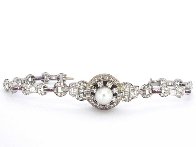 Art deco armband in goud en platina met natuurlijke diamanten en robijnen - afbeelding 6 van  8