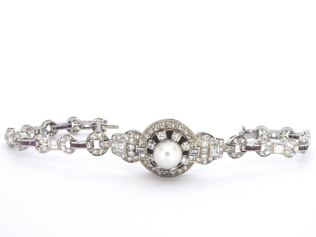 Art-deco armband met goud en platina, en natuurlijke diamanten en robijnen - afbeelding 5 van  9