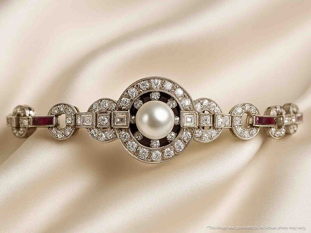 Art-deco armband met goud en platina, en natuurlijke diamanten en robijnen - afbeelding 7 van  9