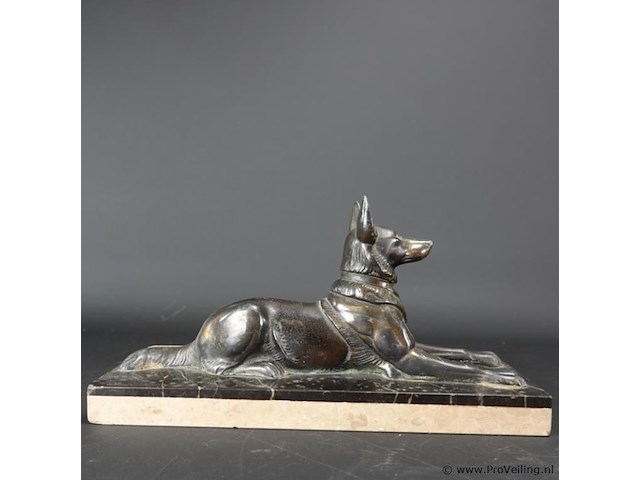 Art-deco bronzen hond op marmerplaveid basement - afbeelding 4 van  5