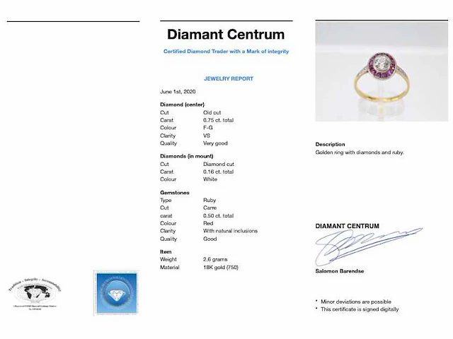 Art deco gouden ring diamant robijn - afbeelding 6 van  6