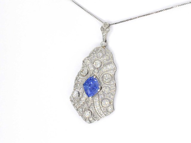 Art deco platina ketting bezet met diamant en natuurlijke onbehandelde saffier - afbeelding 5 van  11