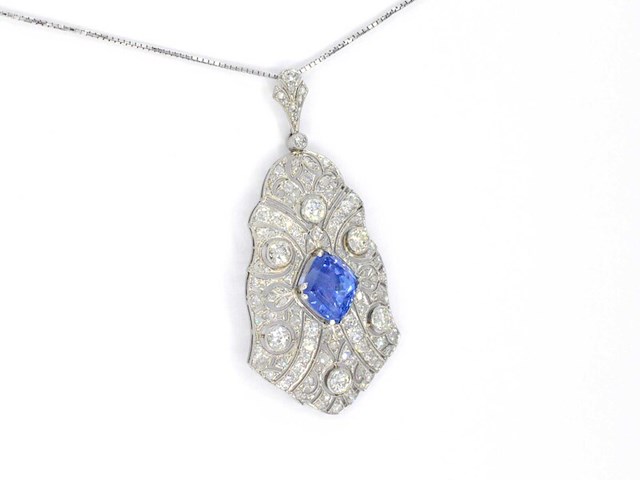 Art deco platina ketting bezet met diamant en natuurlijke onbehandelde saffier - afbeelding 6 van  11