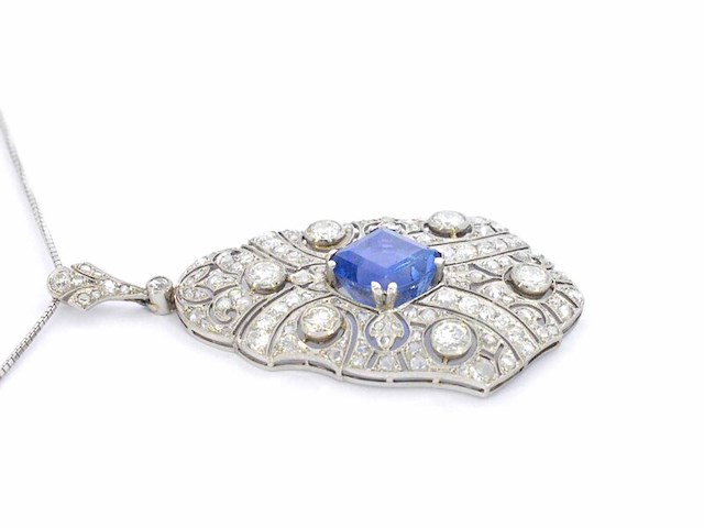 Art deco platina ketting bezet met diamant en natuurlijke onbehandelde saffier - afbeelding 7 van  11