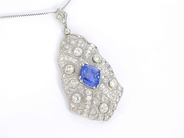 Art deco platina ketting bezet met diamant en natuurlijke onbehandelde saffier - afbeelding 8 van  11