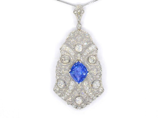 Art deco platina ketting bezet met diamant en natuurlijke onbehandelde saffier - afbeelding 1 van  9