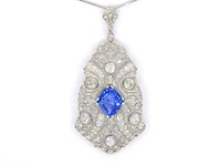 Art deco platina ketting bezet met diamant en natuurlijke onbehandelde saffier