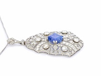 Art deco platina ketting bezet met diamant en natuurlijke onbehandelde saffier - afbeelding 5 van  9