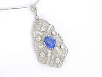 Art deco platina ketting bezet met diamant en natuurlijke onbehandelde saffier - afbeelding 6 van  9