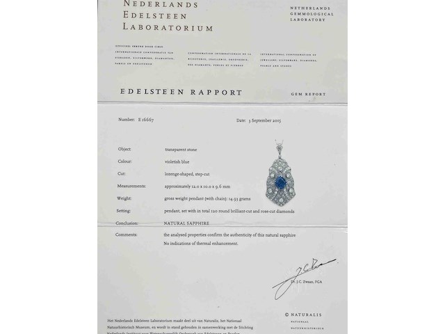 Art deco platina ketting bezet met diamant en natuurlijke onbehandelde saffier - afbeelding 7 van  9