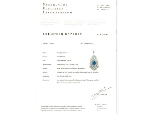 Art deco platina ketting bezet met diamant en natuurlijke onbehandelde saffier - afbeelding 9 van  9