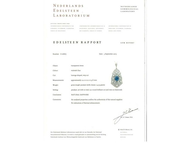 Art deco platina ketting met diamant en onbehandelde saffier - afbeelding 10 van  10