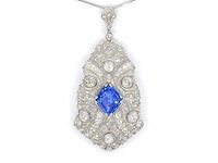 Art deco platina ketting met diamant en onbehandelde saffier - afbeelding 1 van  10