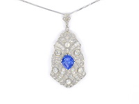 Art deco platina ketting met diamant en onbehandelde saffier - afbeelding 2 van  10
