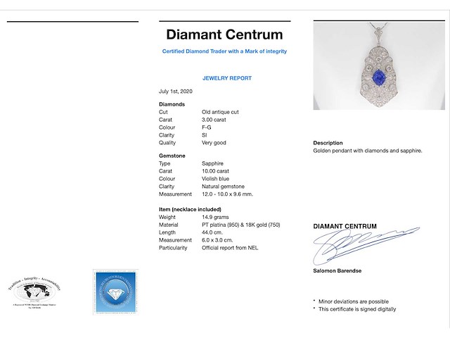 Art deco platina ketting met diamant en onbehandelde saffier - afbeelding 3 van  10