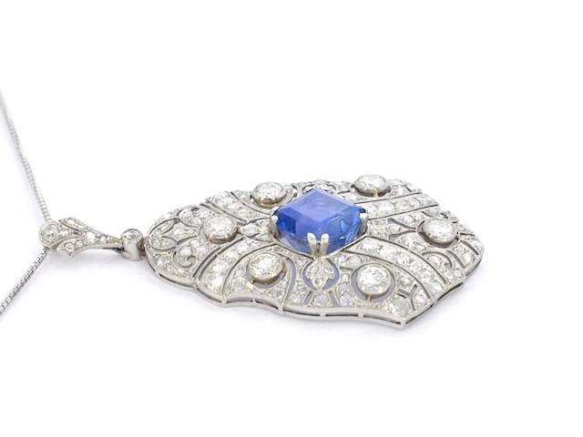 Art deco platina ketting met diamant en onbehandelde saffier - afbeelding 6 van  10