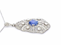 Art deco platina ketting met diamant en onbehandelde saffier - afbeelding 6 van  10