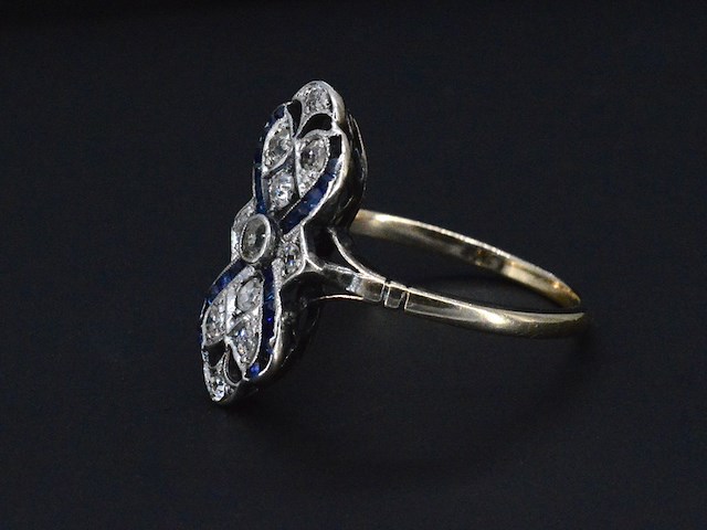 Art deco ring met diamant en saffieren - afbeelding 2 van  6