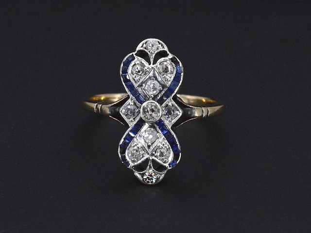 Art deco ring met diamant en saffieren - afbeelding 3 van  6
