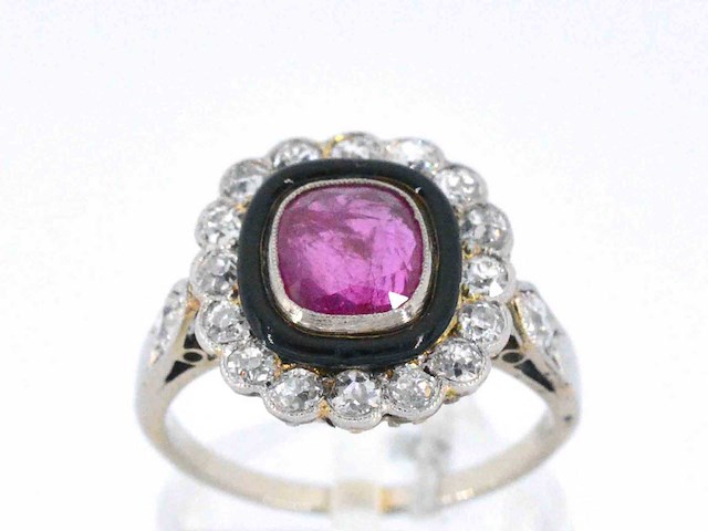 Art deco ring met diamanten en robijn - afbeelding 1 van  9