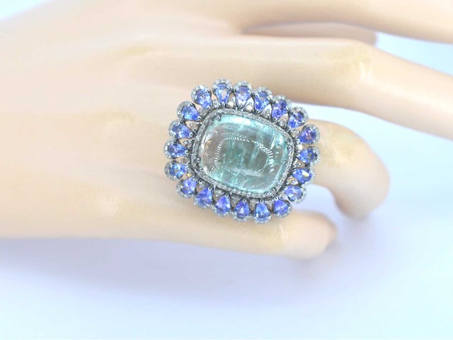 Art deco ring natuurlijke diamanten grote tourmalijn en tanzanieten - afbeelding 2 van  5