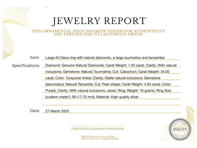 Art deco ring natuurlijke diamanten grote tourmalijn en tanzanieten - afbeelding 3 van  5