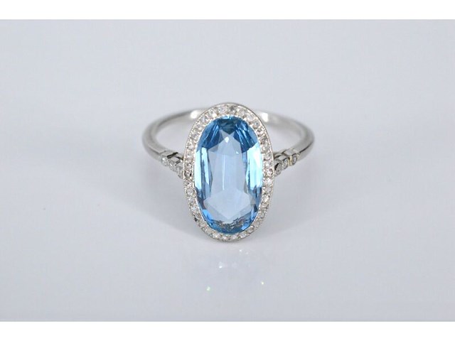 Art deco stijl ring met blauwe edelsteen en roosdiamant - afbeelding 3 van  6