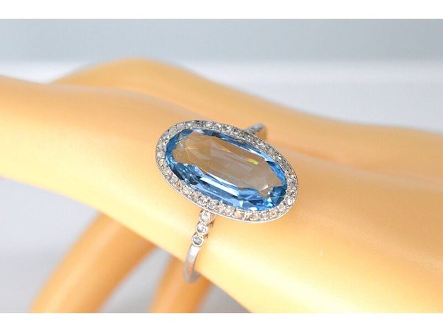 Art deco stijl ring met blauwe edelsteen en roosdiamant - afbeelding 2 van  6