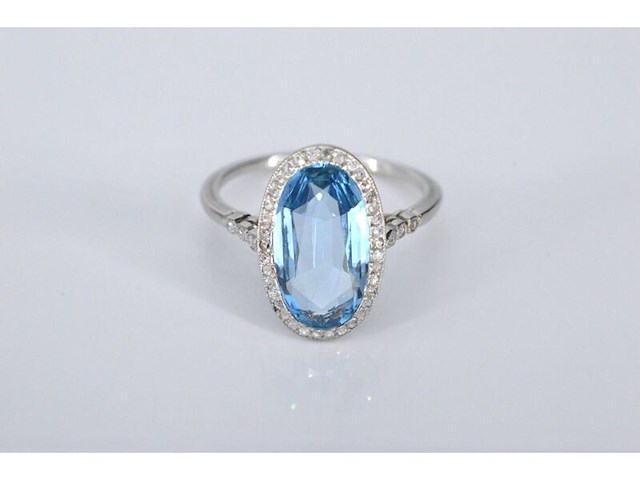 Art deco stijl ring met blauwe edelsteen en roosdiamant - afbeelding 3 van  6