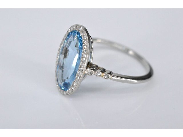 Art deco stijl ring met blauwe edelsteen en roosdiamant - afbeelding 4 van  6