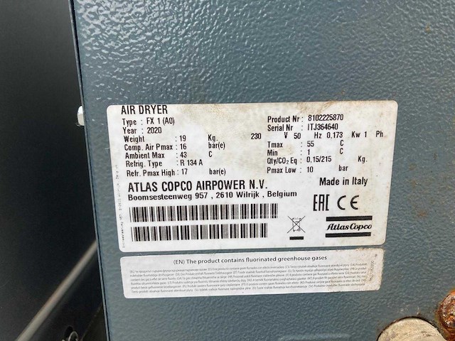 Atlas copco - 2020 - fx1 - luchtcompressor met industriële koeldroger - afbeelding 1 van  2