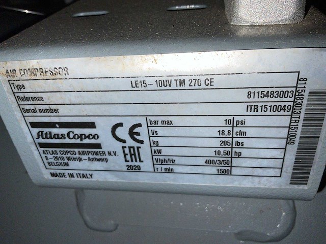 Atlas copco le15 10-uv tm 270 ce zuigercompressor - afbeelding 2 van  10
