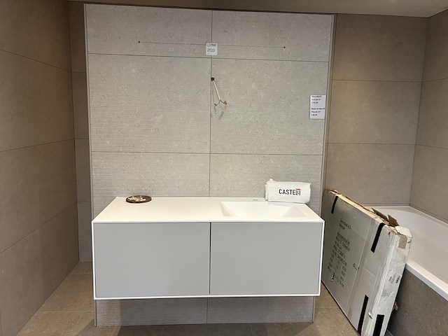 Badkamer showroom opstelling met badmeubel, ligbad, wandcloset en designradiator - afbeelding 2 van  6