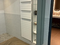 Badkamer showroom opstelling met badmeubel, spiegels met verlichting, douche, designradiator en wandkast - afbeelding 2 van  11